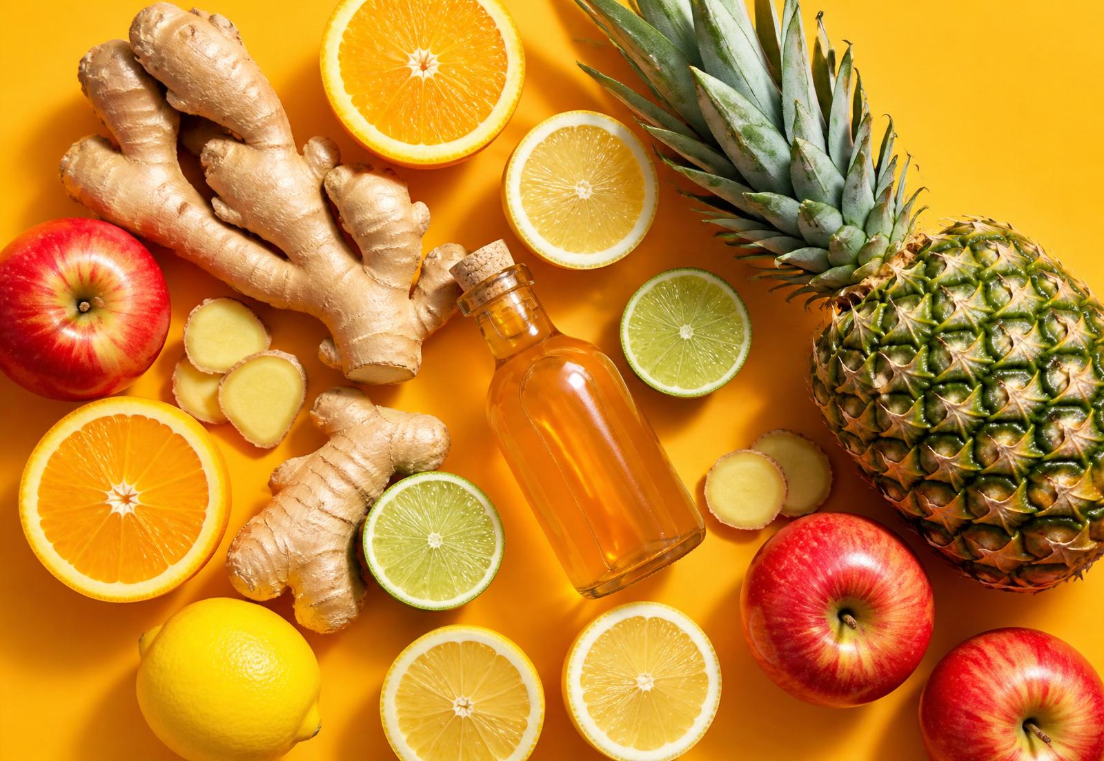 Fresh ginger, orange, lime, apple, pineapple and apple cider vinegar